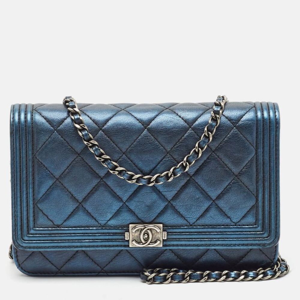 Chanel Boy Metallic Blue Quilted Leather Wallet On Chain